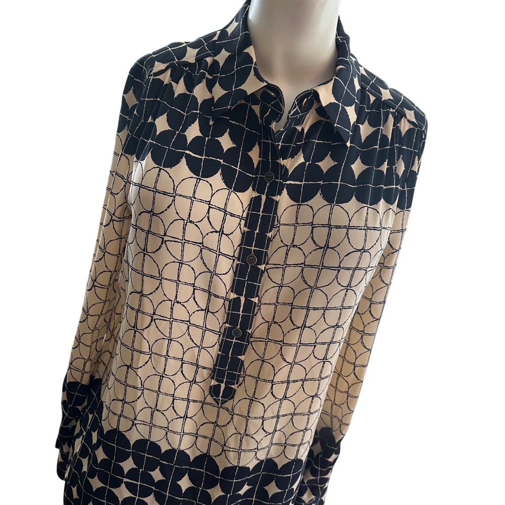 Rachel Roy Signature Navy Cream Geometric Silk Blend Blouse Top Size 6 NEW NWT
